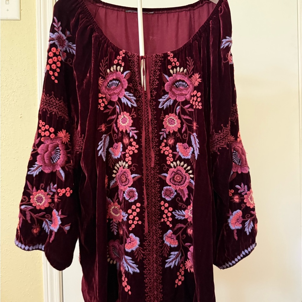 Johnny Was crushed Red velvet Embroidered Blouse